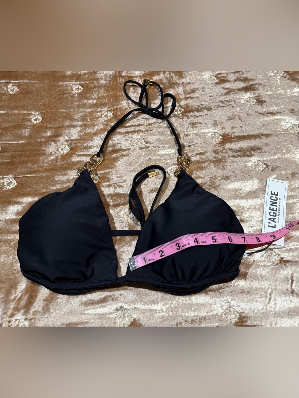 L'AGENCE Black Triangle Bikini Top with Gold Chain Halter - Picture 8 of 8